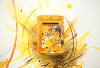 C215 Artwork Portrait on Postbox yellow with Art